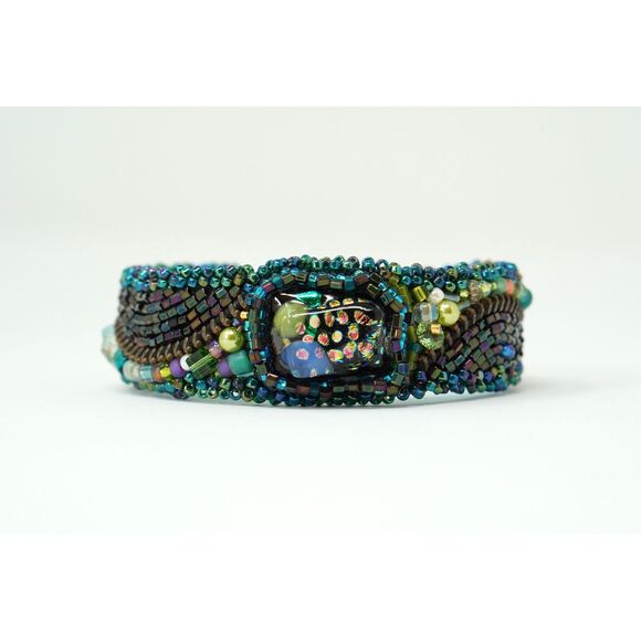 Beaded Cuff Bracelet Dichroic Glass Center Crystal Gems Zipper Hand‎ Made - Picture 3 of 9